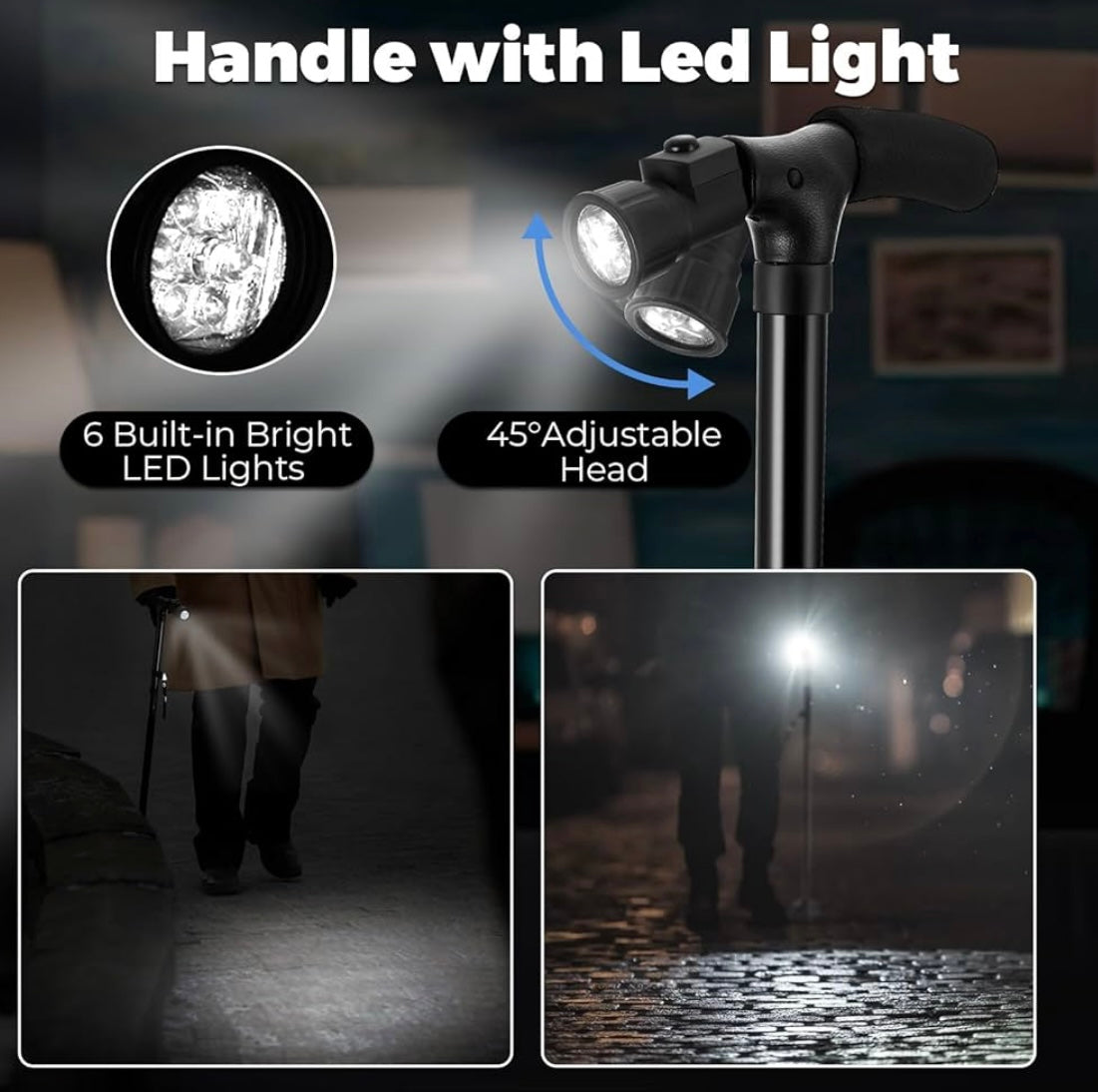 ShopToVista™️ Stainless Steel Folding Walking Stick With Adjustable Height & Light