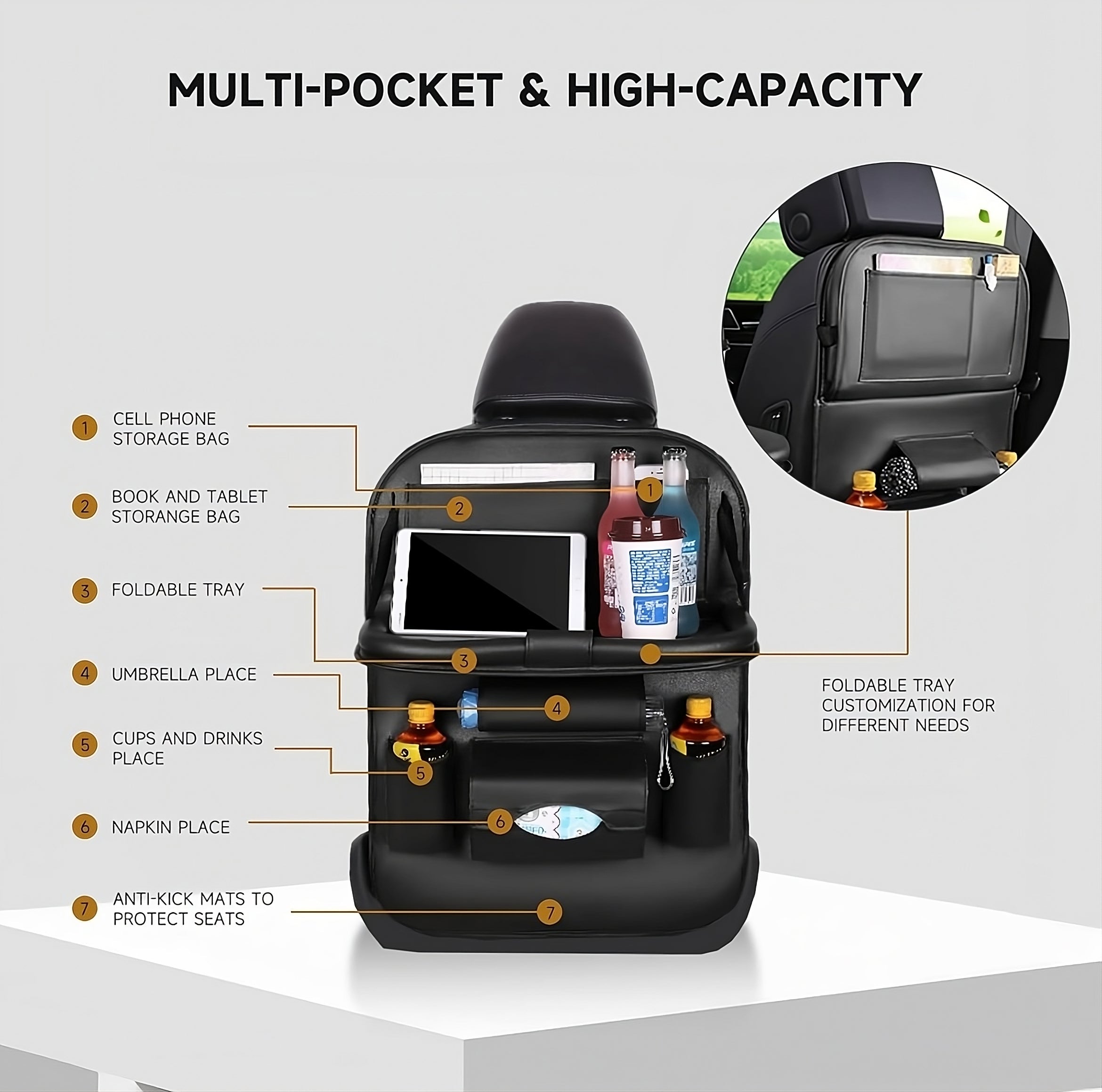 ShopToVista™️ Water-Proof Leather Car Back Seat Organizer With Foldable Table & 9 Storage Pockets (Holds 7-8KG)