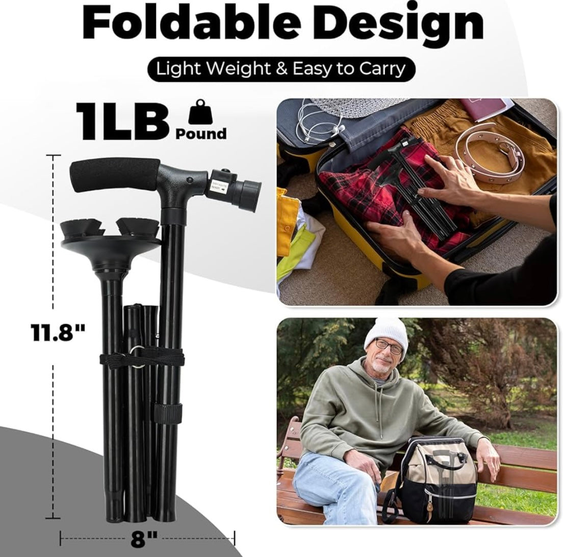 ShopToVista™️ Stainless Steel Folding Walking Stick With Adjustable Height & Light