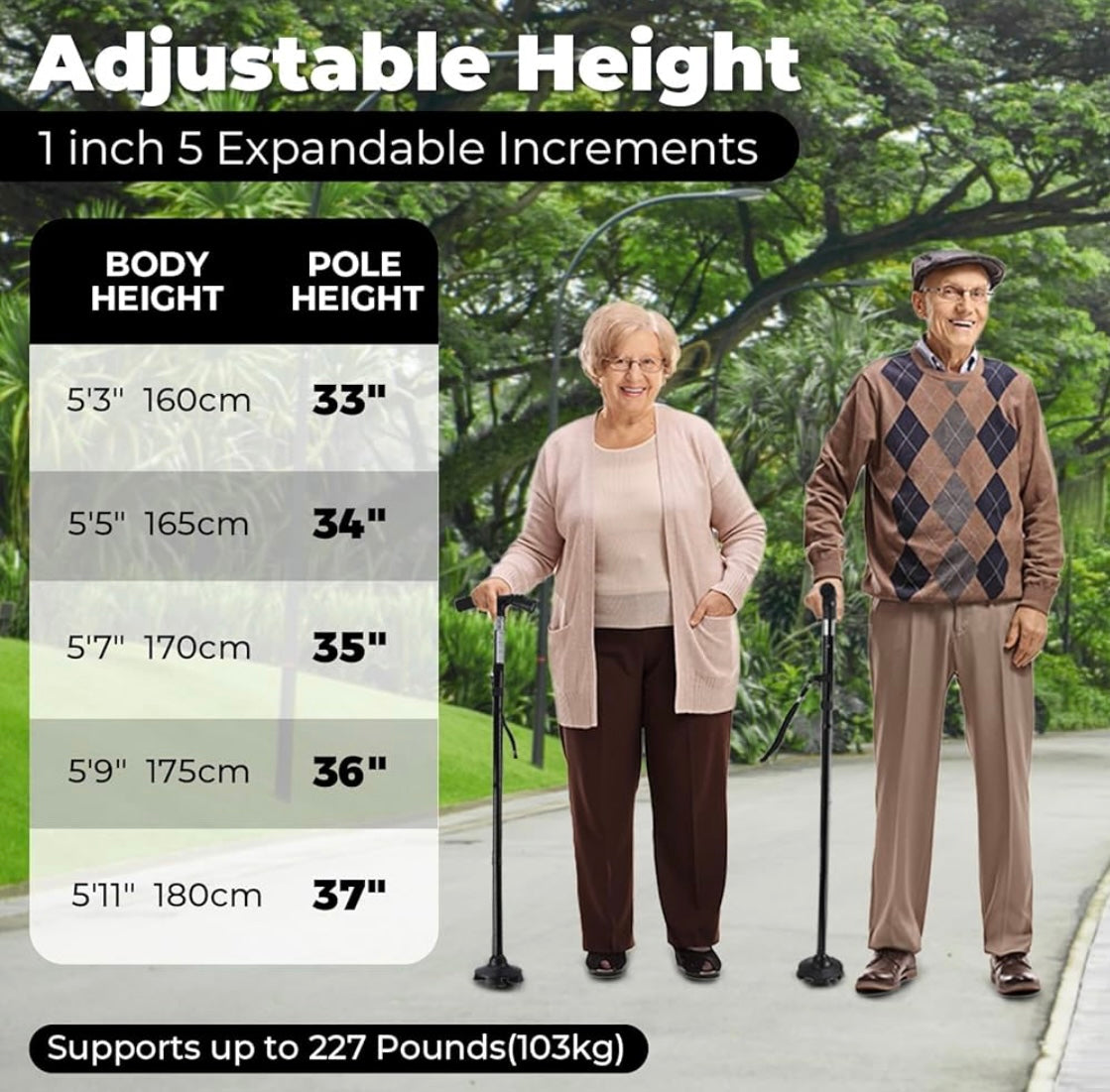 ShopToVista™️  Stainless Steel Folding Walking Stick With Adjustable Height & Light