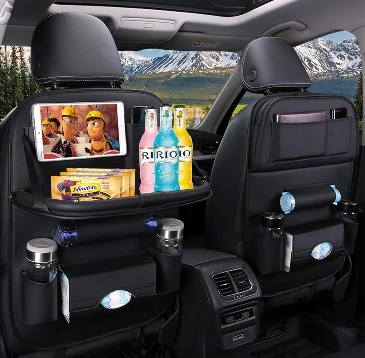 ShopToVista™️ Water-Proof Leather Car Back Seat Organizer With Foldable Table & 9 Storage Pockets (Holds 7-8KG)