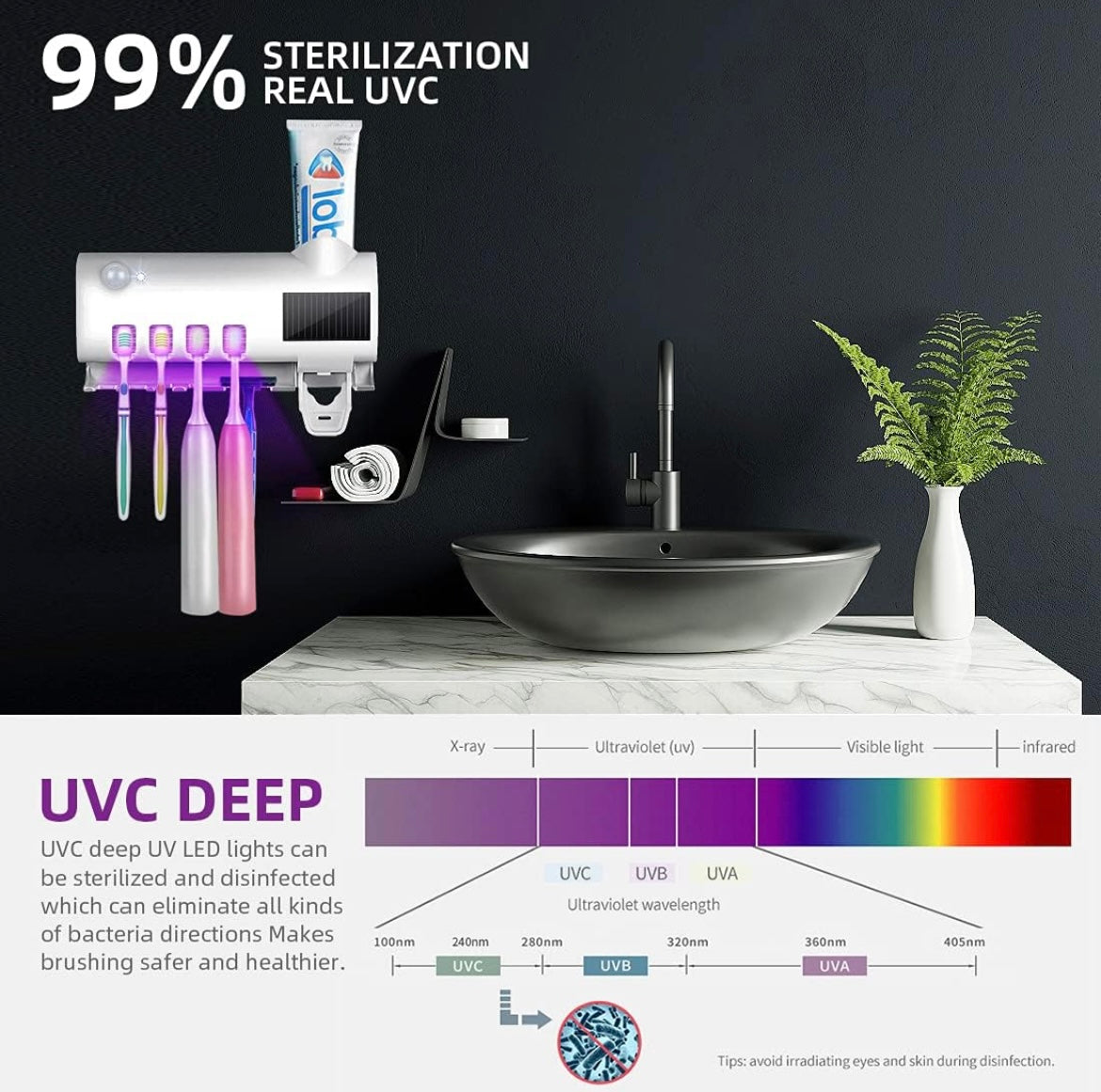 ShopToVista™️ Waterproof Toothbrush UV Sterilizer & Holder With Toothpaste Dispenser