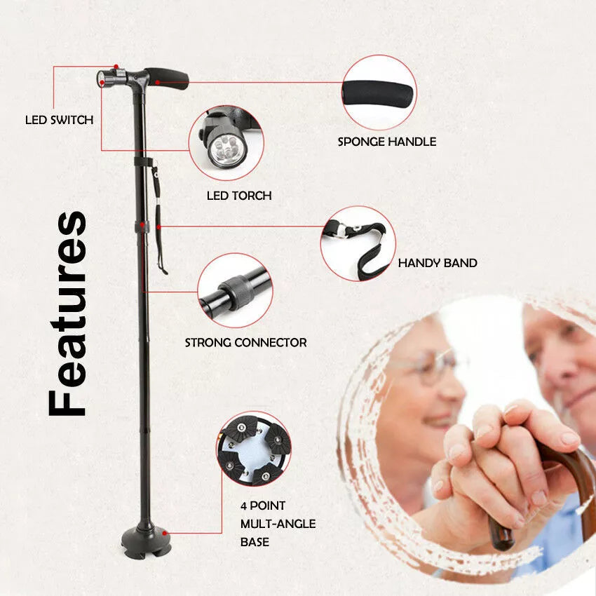 ShopToVista™️  Stainless Steel Folding Walking Stick With Adjustable Height & Light